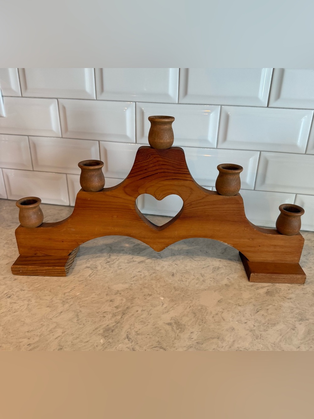 Vintage Wood Candelabra with Wood Heart Cut Out Candle Holder